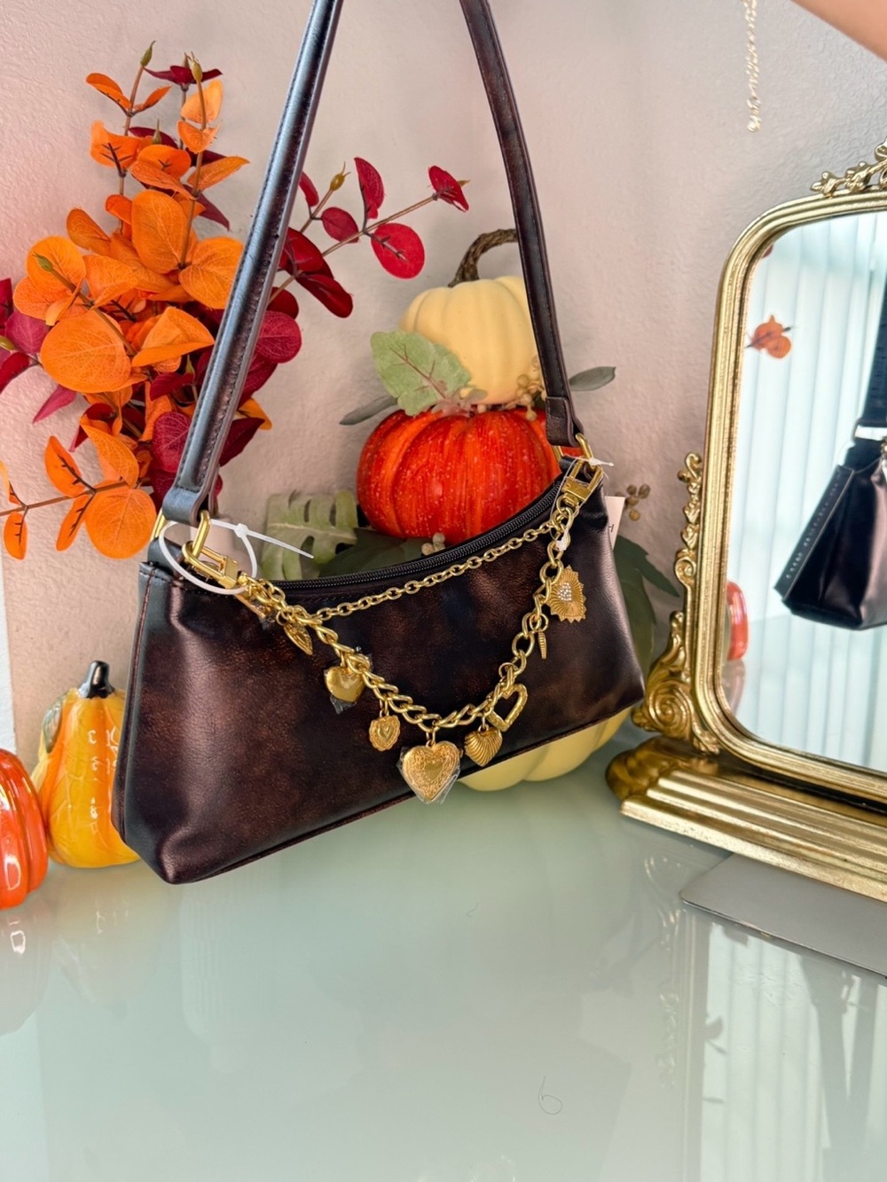 Madden Girl Dark Brown Shoulder Bag with Gold Heart Charm Chain